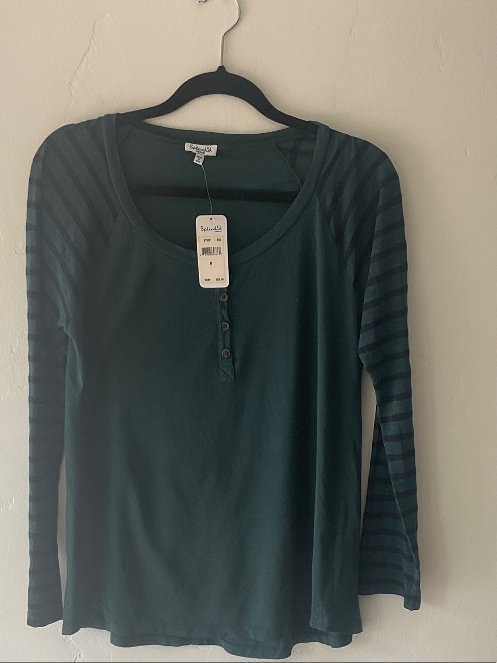 Splendid Forest Green Long-Sleeve Henley with Striped Navy Sleeves